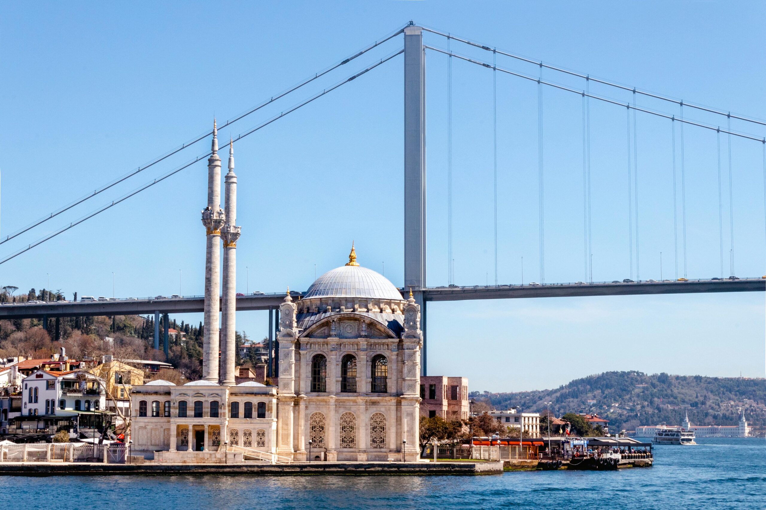 Stunning view of the Ortaköy Mosque with the Bosphorus Bridge in the backdrop on a clear day.