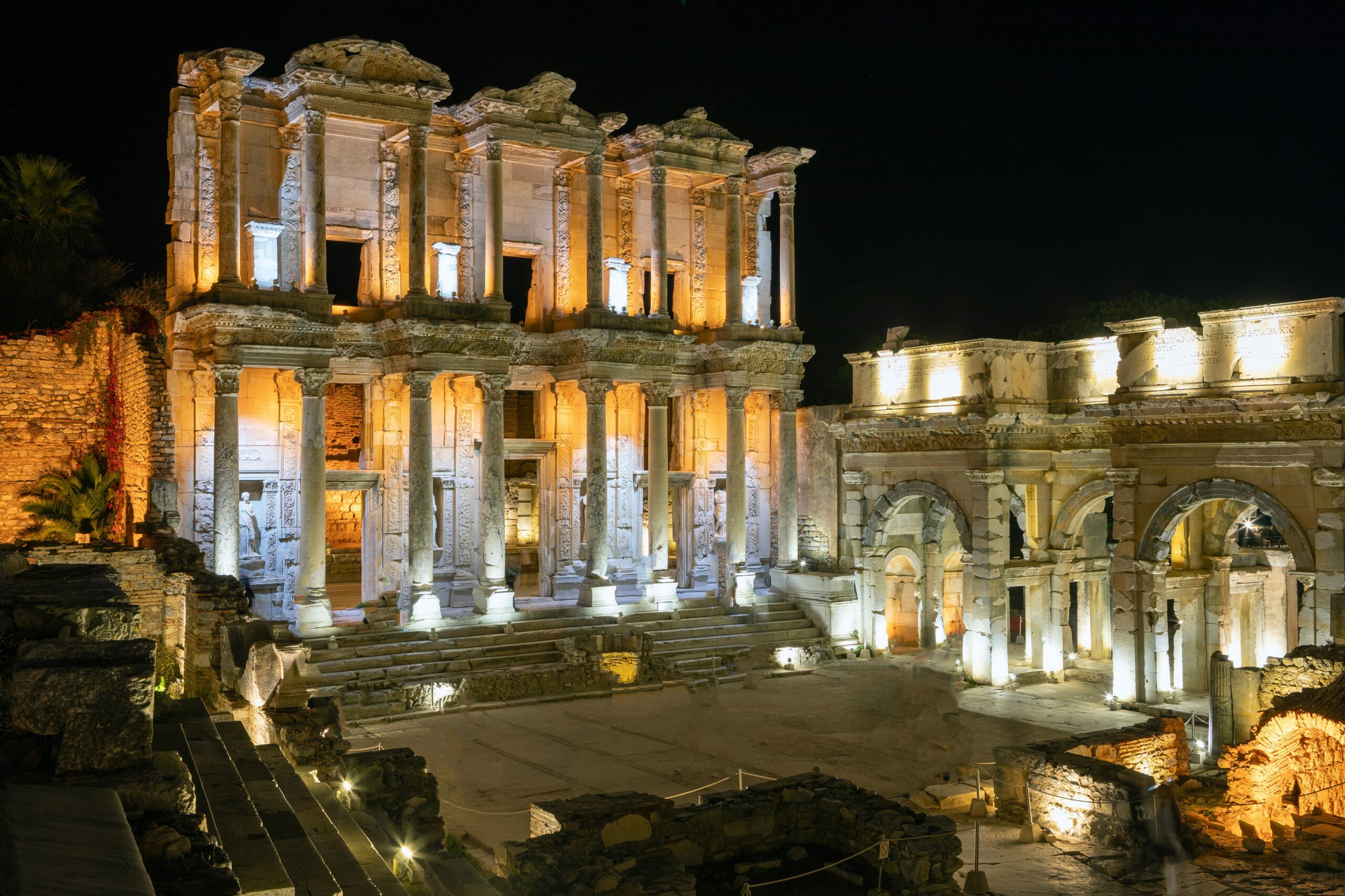 Illuminated view of the ancient Library of Celsus in Ephesus, Turkey.